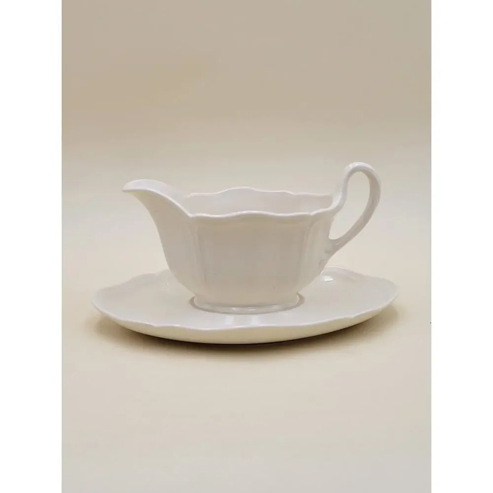 Wedgwood Queens Shape Ceramic Gravy Boat with Saucer White Scalloped Rim